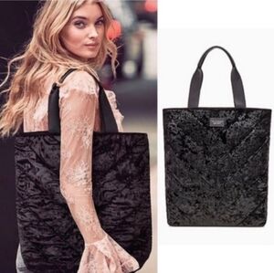 Victoria's Secret Black Quilted Crushed Velvet Shoulder Tote Bag O-1342